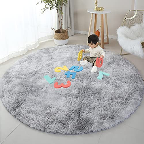 OMGREAT Fluffy Round Rug, 180CM Light Grey Circle Rug for Kids Room, Bedroom, Nursery Room, Modern Fuzzy Carpet