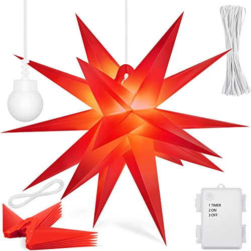 KESSER® 35cm Leuchtstern 3D, LED Weihnachtsstern mit Timer für innen und außen, Adventsstern Beleuchtet hängend Rot Stern + Warmweiß Licht