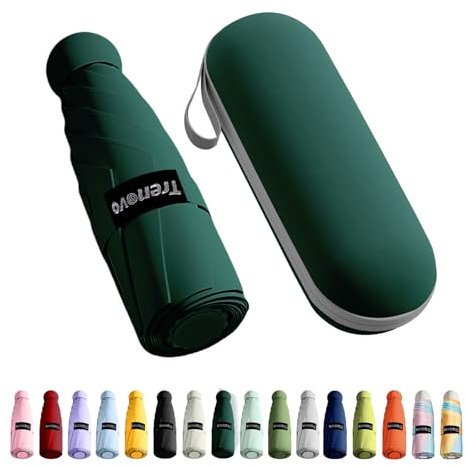 Trenovo Reise-Mini-Regenschirm, faltbar, kompakt, mit Etui, 8 Rippen, leicht, tragbar, kleiner Sonnen- und Regentaschenschirm für Mädchen und Frauen, Grün , 18 cm