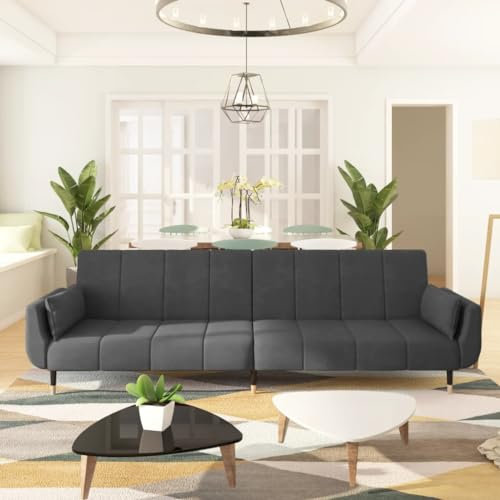 Hommdiy Schlafsofa 2-Sitzer mit 2 Kissen Dunkelgrau Samt Sofa Couch mit Schlaffunktion, Sofabett Gästebett mit 2 Kissen, Schlafcouch Bettsofa Wohnzimmer, Modern