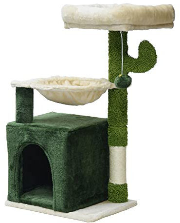 Fudajo Kratzbaum im Kaktus-Design 75 cm hoch, Katzenkratzbaum in Grün/Beige, Katzenbaum mit Katzenhaus, Sisal und Hängematte, Kletterbaum für Katzen