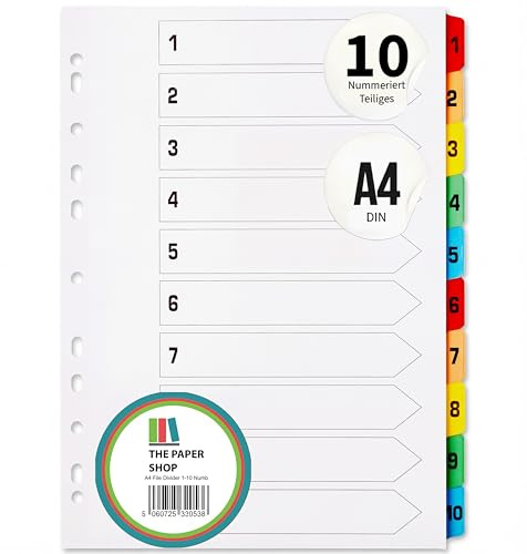 The Paper Shop Register für Ordner A4-10-teilig Nummeriert 1-10 (1 Pack) | Trennstreifen & Unterteiler für Ringordner | Nummerierte Trennblätter Büro Schule - 10 Stück