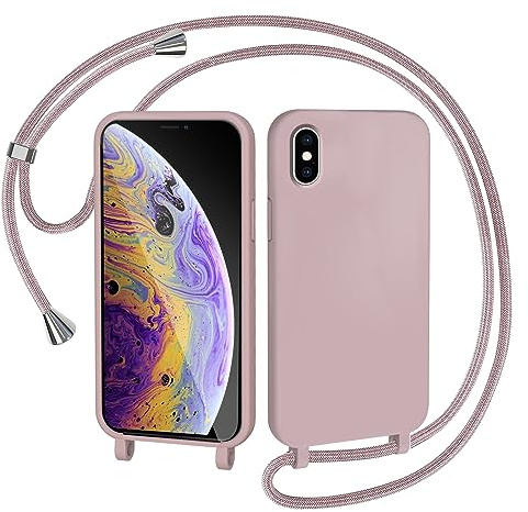 AOMYKE Handyhülle für iPhone X/iPhone XS Hülle mit Band, Handyband iPhone X/iPhone XS Hülle zum Umhängen Schutzhülle mit Kette Kordel Weich TPU Liquid Silikon Case, Pink