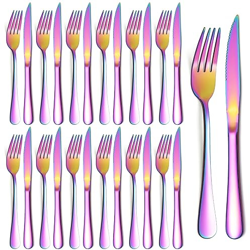 Evanda Regenbogen Steakbesteck 24 teilig, Regenbogen Titanbeschichtung Edelstahl 12 Tafelgabeln und 12 Tafelmesser Set, Steakmesser Steakgabeln, spülmaschinenfest