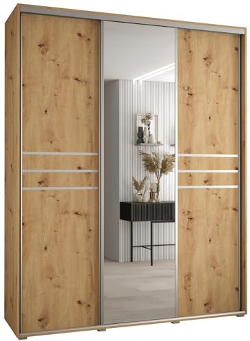 MEBLE KRYSPOL Davos 11 200 Schrank mit DREI Schiebetüren für Schlafzimmer - Moderner Schrank mit Spiegel, Kleiderstange und Regalen - 235,2x200x60 cm - Artisan Artisan Silber