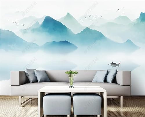Fototapete 3D Effekt 3D Tapete Blaue Tuschemalerei Im Chinesischen Stil Mit Wolken, Nebel, Bergen Und Wasservögeln Fototapete Wandgemälde Vlies Wohnzimmer Wanddekoration 400(w) x280(H) cm