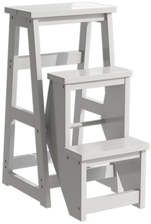 LQSYBHD Leiter Klappbarer Tritthocker mit 3 Etagen, Multifunktionaler 3-In-1-Tritthocker aus Holz, Leichte Ausstellungsleiter und AblagefläChe, Haushaltsleiter, 330 Ibs(Color:Weiß)