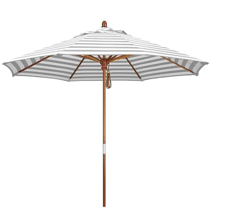 Outdoor Striped Patio Umbrella 7/9ft, UV50+ Garden Parasol with Pulley Lift, Vented Beach Umbrella, Foldable Wooden Pole Shade Umbrella (Color : Gray white stripes, Size : 210cm/7ft)