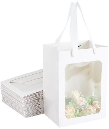 DICOSMETIC 15 Stück Große Weiße Geschenktüten Mit Fenster Großhandel 9.8x7.09x5.16 Papierblumenstraußtaschen Mit Griffen Rechteckige Papiertüten Für Geburtstagsfeier Hochzeitsgeschenkverpackung