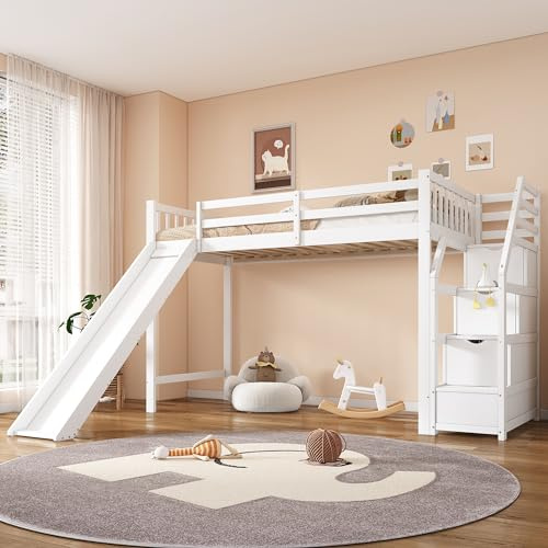 Dolamaní Hochbett 90x200 cm Weiß, Kiefer Holzbett Kinder, Kinderbett mit Rutsche, Treppe, Stauraum, Tausfallschutz