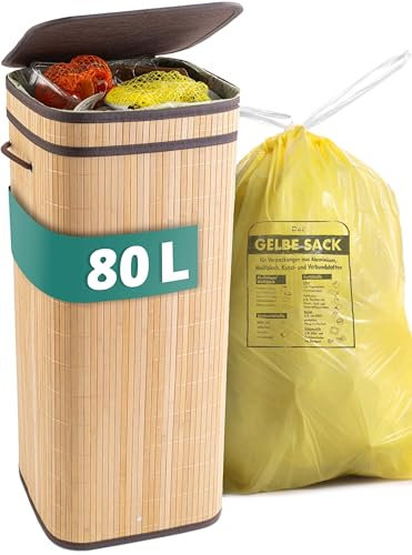 HOMELYN Gelber Sack Ständer I 80L, aus Bambus I Stabiler Müllsackständer mit Deckel I Extra für gelbe Säcke I Gelber Sack Mülleimer I Behälter gelbe Säcke für Küche & Haushalt