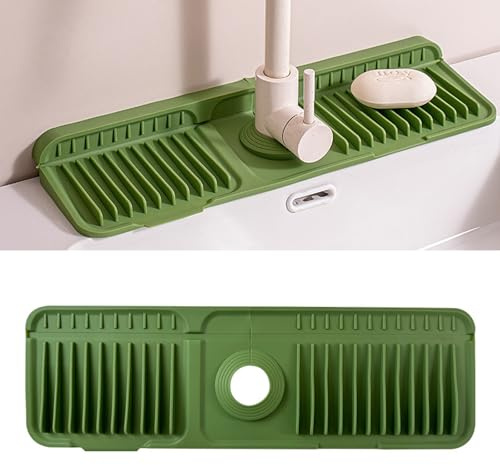 Hayagive Sink Faucet Mat with Slope for Self Draining Silicone Sink Splash Guard as Soap Dish & Sponge Holder Faucet Handle Drip Catcher Tray for Kitchen Counter Bathroom (Green B)