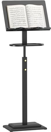 Dexgva Music Stand for Sheet Music - Bamboo Folding Sheet Music Stands / Wooden Sheet Music Organizer Height Adjustable 39.37''-51.2'' for Conductor Lectern Guitar Violin Piano (Black, Tray)