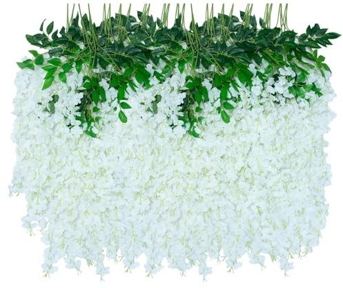 LUZOGA 24 Pack Artificial Wisteria Hanging Flowers Fake Wisteria Flower Garland Silk Vines Rattan Decor for Home Wedding Arch Wall Garden Greenery Bedroom Outdoor Office Party Decoration (White)