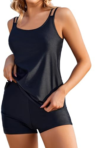 AI'MAGE Tankini Damen Bademode Set Freizeit Badeanzug Zweiteiler Tankinis Set Elegant Badeanzüge für Damen Tankini Oberteil mit Badeshorts Schwarz L