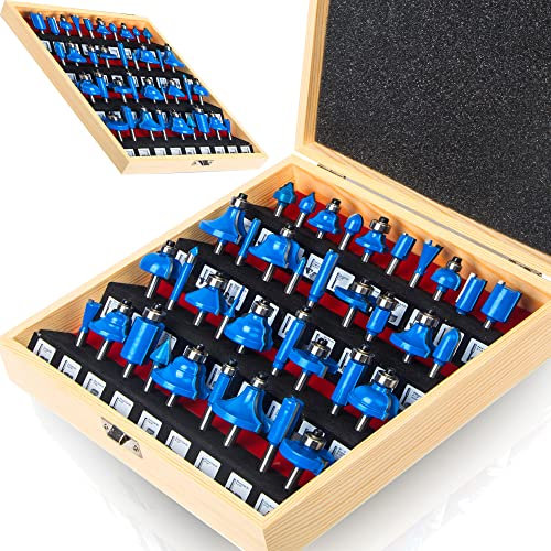 QQXUAN Fräser-Set, 1/4 Zoll, 37-teilig, Nut- und Feder-Holzfräser, Bohr-Hartmetall-Fräser, Werkzeug für Tür, Tisch, Schrank, Regal, Wand, Heimwerker-Holzarbeiten (1/4-Winkel)