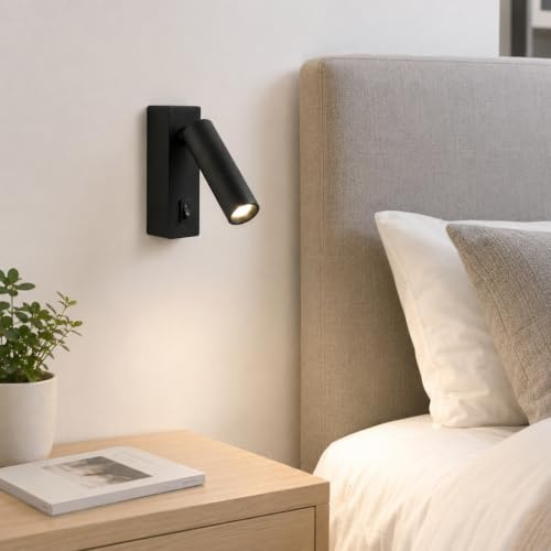 Alpinaluz Aplique de Pared LED Lectura 2W 3000K Aluminio Negro Mate | Cabezal cilíndrico orientable 360°, interruptor en base para cabecero, dormitorio, hotel, escritorio y lectura