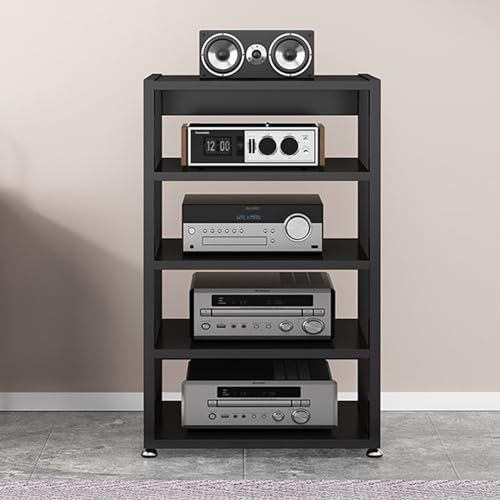 ASumPio 5-Stufiger Av-Medienständer, Strom-Cd-Player-Ständer, Stereo-Rack, Wohnzimmer-Eck-Tv-Ständer, Heimkino-Audio-/Videogeräte-Komponentenschrank Mit Höhenverstellbarem Holzr,Black-55x40x90cm