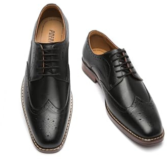Poerkan Men's Oxford & Derby Formal Dress Shoes: Lace - up Leather Classics in Black and Brown with Patent Brogue Details