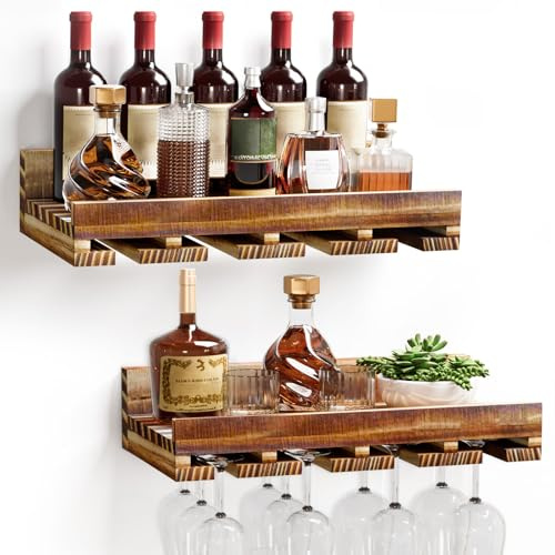 Yorbay Lot de 2 casiers à vin muraux en Bois : Bar Mural Vintage en Bois de Palette flammé avec Support pour Verres à vin et Verres à vin - Porte-Bouteilles de vin Mural pour Salon, Bar, Cuisine
