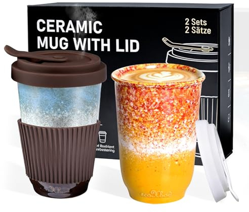 ganfaner 390ml Travel Coffee Mug with Lids, 2 PCS Ceramic Coffee Cups Heat Resist w/Sleeve, Attractive Coffee Mugs for Hot Cold Fit Car Holder, Microwave Dishwasher Safe for Office Home (Orange Blue)