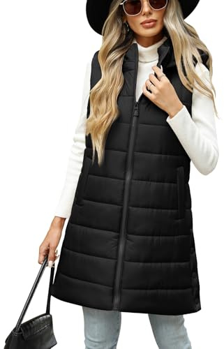 CMTOP Women's Long Gilets with Hood Mid-length Lightweight Quilted Vest Ladies Thermal Sleeveless Jacket Zip Up Windproof Waistcoat With Pockets Autumn Winter Sleeveless Outwear(Black, XL)