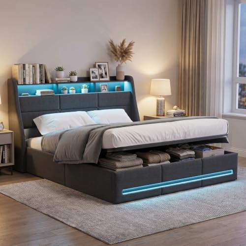 BPKADHY Cama tapizada de 140 x 190 cm, cama doble LED con espacio de almacenamiento y somier, cabecero con compartimento de almacenamiento y función de carga USB, cama de almacenamiento hidráulica