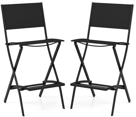 FANTASK Set di 2 sedie da bar per esterni, pieghevoli, da giardino, con schienale e poggiapiedi, con portata fino a 150 kg, per balcone, giardino e piscina (nero)