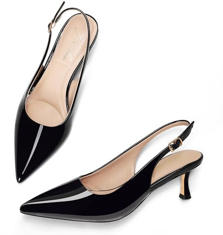 GENSHUO Femme Kitten Heel Escarpins Pointe Slingback Talon Bas, Noir Verni, 38.5 EU