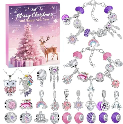 Adventskalender Kinder Mädchen 2025, Weihnachtskalender Schmuck Armbänder Halsketten, 24 Füllung Countdown Schmuck Charm Basteln Kit Weihnachten Geschenke Mädchen 5 6 7 8 9 10 11 12 13 14 Jahre