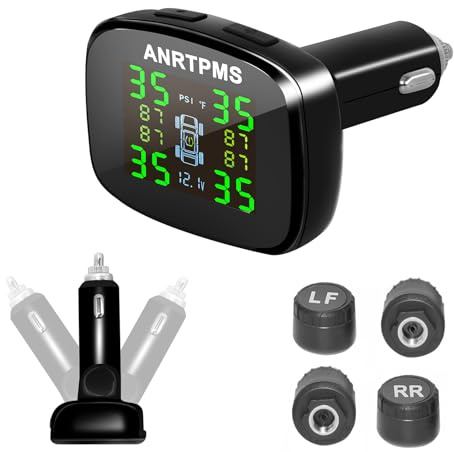 OBEST Sistema di controllo della pressione degli pneumatici, monitor wireless TPMS con 4 sensori esterni, angolo di visione regolabile, presa accendisigari e porta di ricarica USB