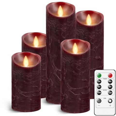 AnnSpa 5 Set Rot LED Kerzen Batteriebetriebene mit Fernbedienung, Flammenlose Echtes Wachs Flackern Moving Wick Flackern Amber Yellow Light Pillar Candles für Weihnachten/Geschenk/Dekoration