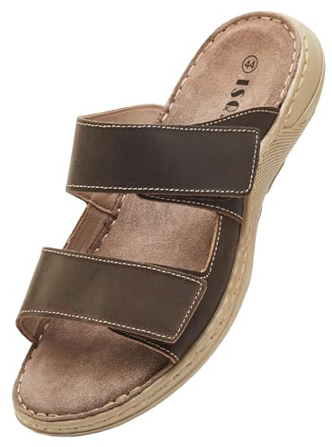 ISQFIQ Wide Fit Mens Sliders Sandals, Real Leather Walking Sandal with Adjustable Strap, Open Toe Indoor Outdoor Mules Shoes for Summer Casual Travel Hiking Beach Trekking Fisherman Dark Brown UK 10
