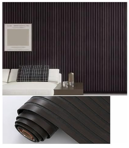 Papier peint imitation bois insonorisé, papier peint adhésif à lattes 3D, panneau mural en PVC imperméable for décoration intérieure, plafond ou fond TV(Balck)