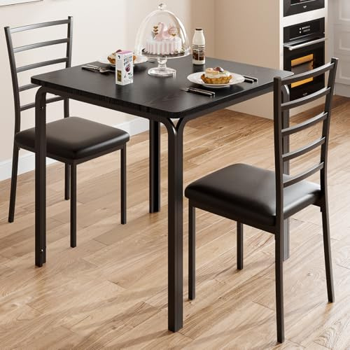 GarveeMore Juego de Comedor con 2 sillas - Mesa Cuadrada para 1-2 Personas, sillas metálicas Acolchadas con Respaldo, Ideal para salón, Cocina y Comedor, Ahorra Espacio, Color Negro
