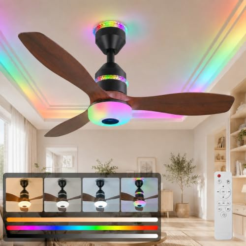 Rosnek Deckenventilator mit Licht Bluetooth, Lautsprecher RGB, Ø61cm Farben Beleuchtung Deckenventilator, Leise LED Ventilator, Fernbedienung Dimmbar Modern für Schlafzimmer& Wohnungsleuchte