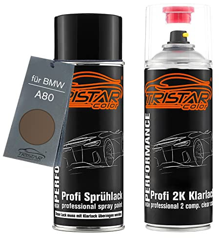 TRISTARcolor Autolack 2K Spraydosen Set für BMW A80 Ferricgrau Metallic/Ferric Grey Metallic Basislack 2 Komponenten Klarlack Sprühdose