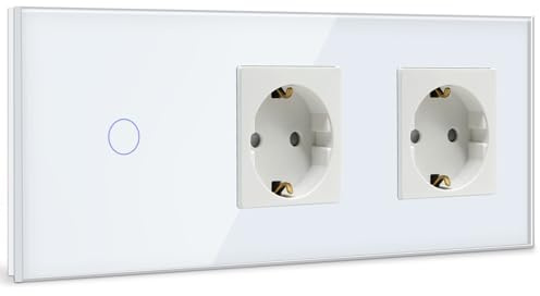 BSEED Touch Lichtschalter mit Steckdosen 1 Fach 1 Weg Wandschalter mit doppelten Steckdosen Unterputz Touchscreen-schalter mit Glasrahmen 228mm Weiß