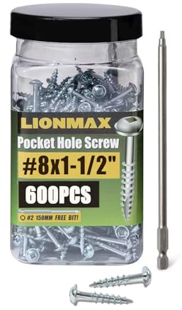 LIONMAX #8 x 1-1/2 Pocket Hole Screws, 600PCS Wood Screws Square Drive, Coarse Thread, Washer Head, Self Tapping, Zinc Plated, for Pocket Hole Jig, 150MM Drive Bit Included