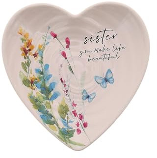 Pavilion Gift Company - Sœur – Plat Souvenir en céramique en Forme de cœur, Motif Floral Aquarelle, Cadeau Unique pour Une sœur, Plat à Bijoux, 1 pièce, 11,4 cm