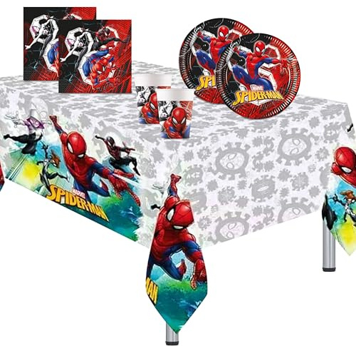 Lage Ensemble de Vaisselle de Fête Spiderman Team Up, Kit Décorations Anniversaire à Thème Super héros – Couverts Jetables pour 24 Invités avec 24 Assiettes, 24 Gobelets, 40 Serviettes, 1 Nappe