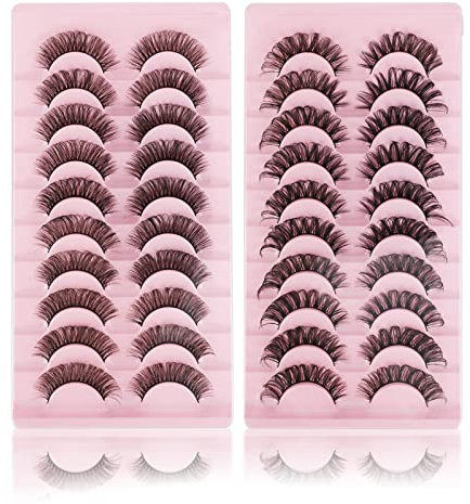 Pwsap 20 Paires Faux Cils Réutilisables 3D Naturel Dramatique Duveteux Long Noir Cils Lashes en Œil de Chat Cils de Vison Artificiels Duveteux Faux Cils Épais Doux False Eyelashes (2 Modèles)