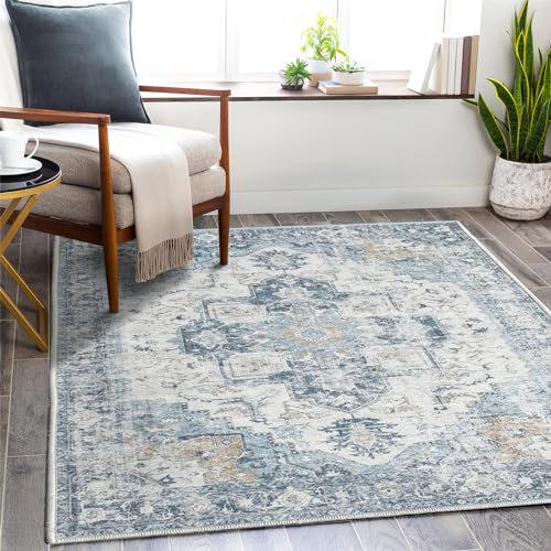 TOPICK Teppich 120x180cm Blau Floral Faltbar Waschbar Superdünne Vintage Blumenteppich Kurzflor Orientalischer Küchenteppich für Innenbereich Schlafzimmer Wohnzimmer Esszimmer Büro Flur
