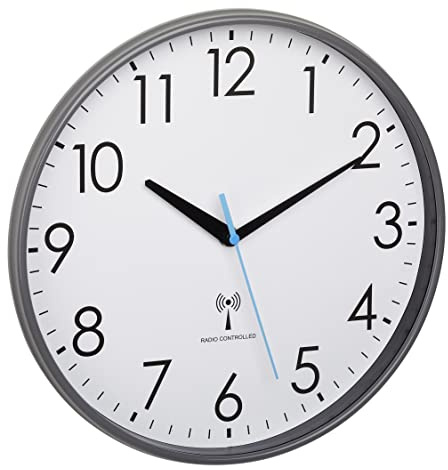 TFA Dostmann 60.3549.10 Horloge Murale analogique Radio-pilotée, avec Cadre en Plastique, diamètre 30 cm, Horloge de Cuisine, trotteuse Bleue, Blanc/Gris