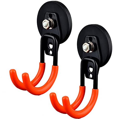 MUTUACTOR Magnetic Hooks Heavy Duty,Strong Anti-Slip Rubber Coated Magnet with Double Garage Hooks,Sturdy Utility Storage Hooks for Workbench Pegboard Garden Hose Toolbox(2PCS,J-Shape,Orange)