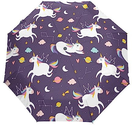 Baby Einhorn Mond Purple Universe Regenschirm Taschenschirm Kinder Jungen Mädchen UV-Schutz Auf-Zu Automatik Umbrella Verstärkt Winddichte Zusammenklappbar