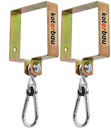 KOTARBAU® Juego de 2 ganchos para columpio de 90 x 90 mm, con mosquetón de gancho de cuatro caras, abrazadera para columpio, fijación para columpio, gancho de manguito, amarillo galvanizado, soporte
