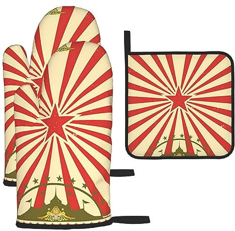 Ofenhandschuhe und Topflappen, 3er-Set, hitzebeständig, waschbar, Vintage-Zirkus-Hintergrund, bedruckt, Ofenhandschuhe, Hot Pads für Küche, Kochen, Backen, Grillen, Grillen