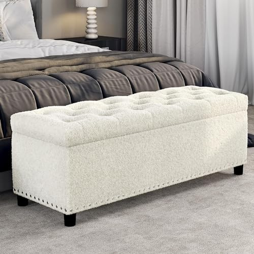 BELLEZE 47 Storage Ottoman, Storage Bench with Safety Close Hinge, Linen Button-Tufted Ottoman for Living Room, Entryway, Hallway, Foot Rest, Support 300lbs - White