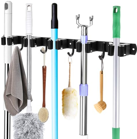 RISVOWO Besenhalterung Wand, Besen Mop Halter Wandhalterung, Selbstklebend Werkzeughalter Organizer mit 5 Halter und 4 Haken, Edelstahl Besen Mop Halter für Zuhause, Küche, Badezimmer, Garage, Garten